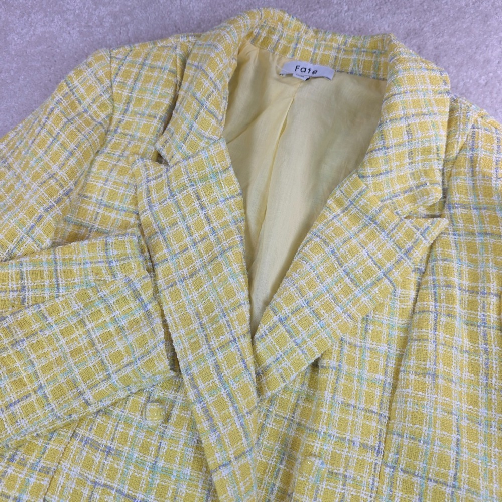 Fate Blazer Jacket Womens S Yellow Plaid Tweed Lined Double Breasted Notch Lapel